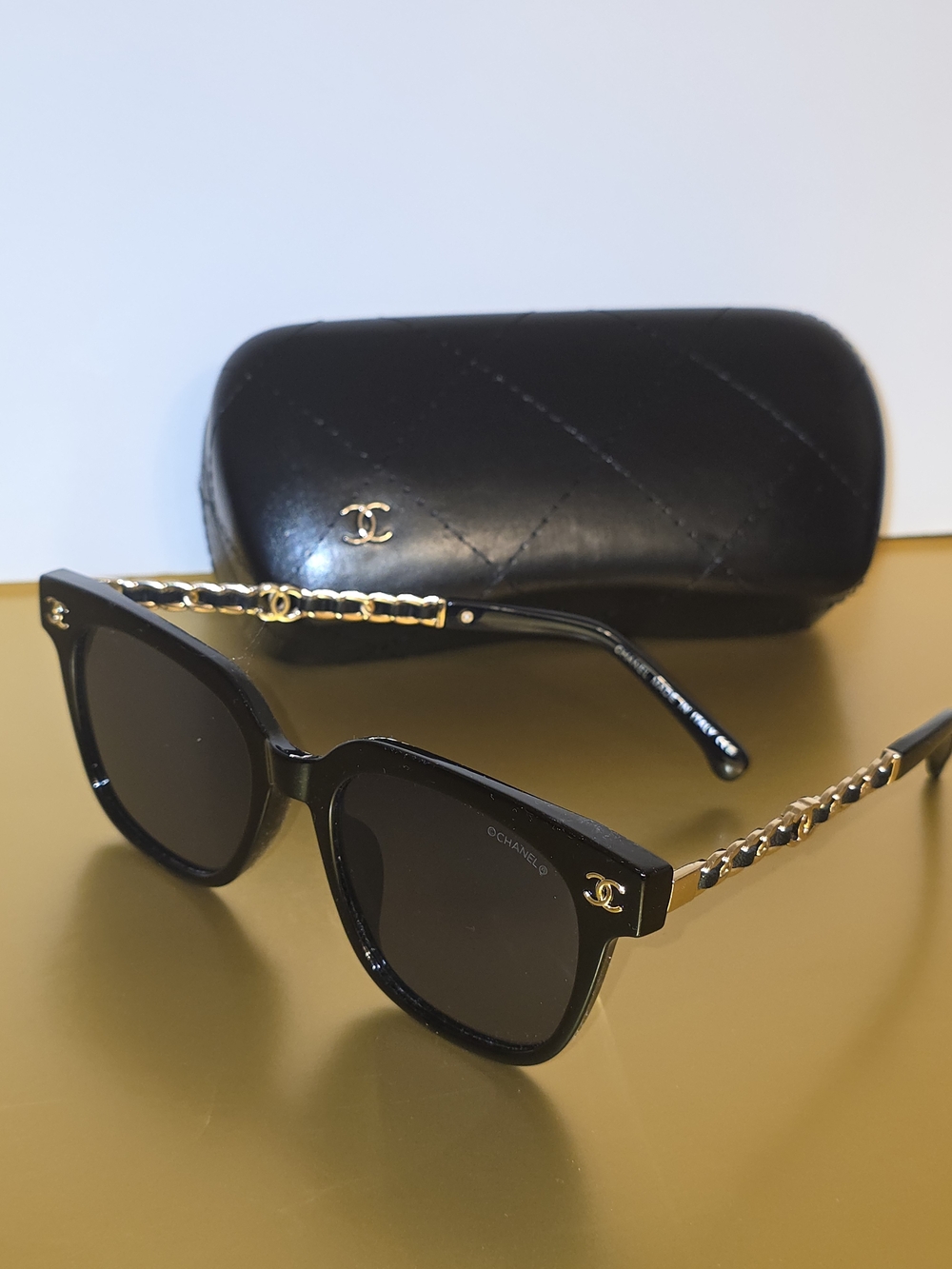 Chanel Black & Gold Chain-Arm Sunglasses